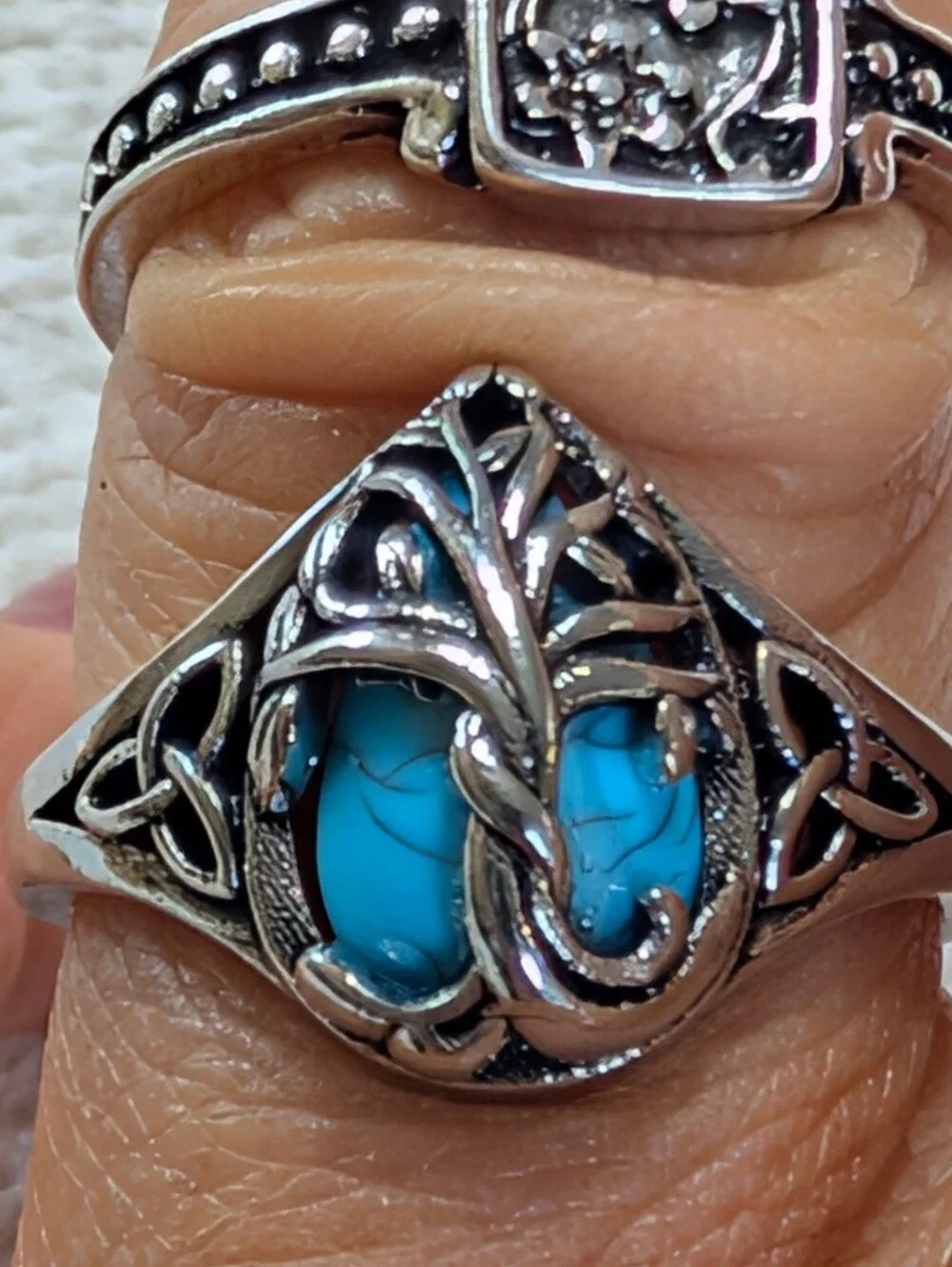 Three Silver Turquoise Floral Ruby Size 7 Ring Bundle